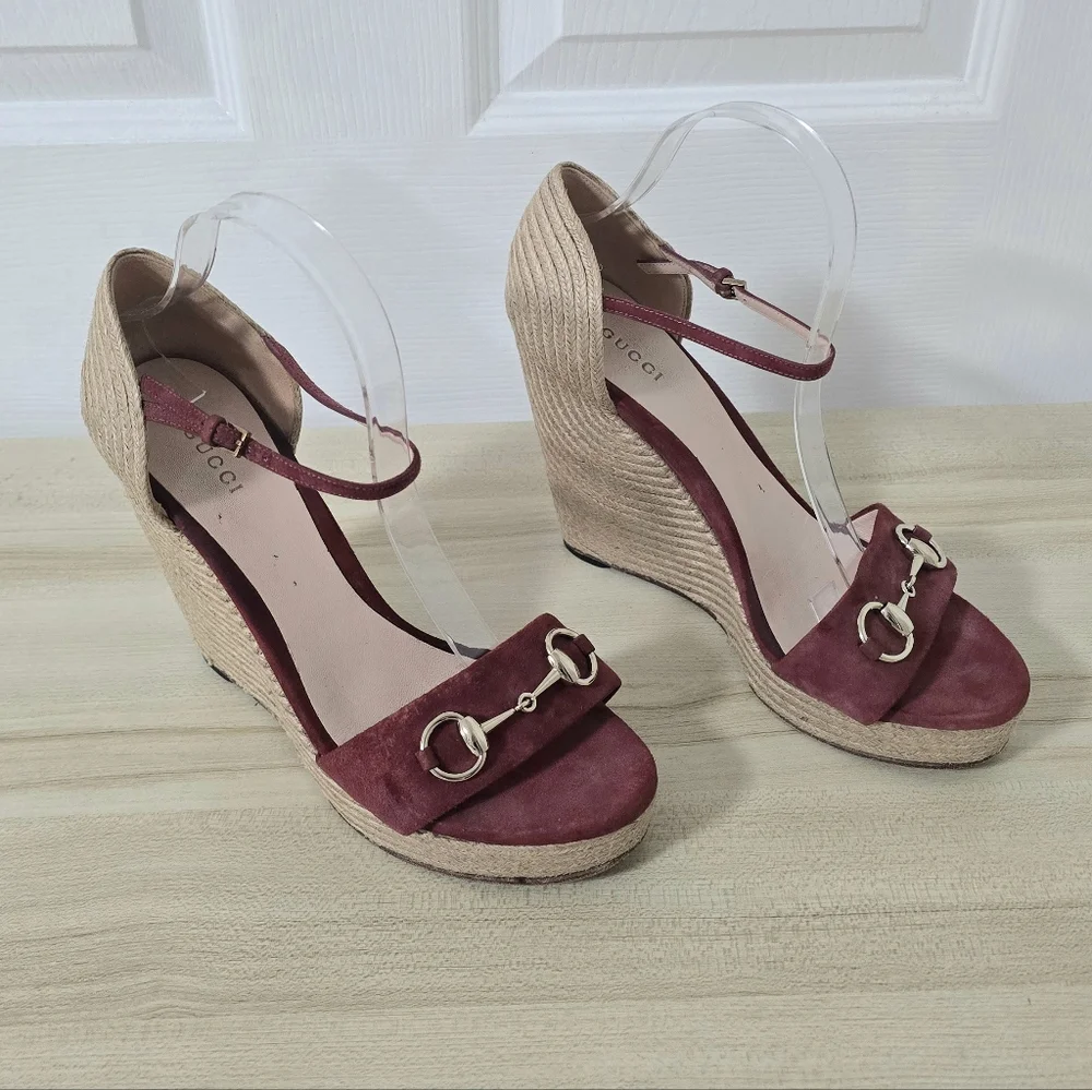 Gucci Horsebit Suede Wedge Espadrille Sandals In Dry Rose Size EU40/US9.5 - Picture 2 of 15